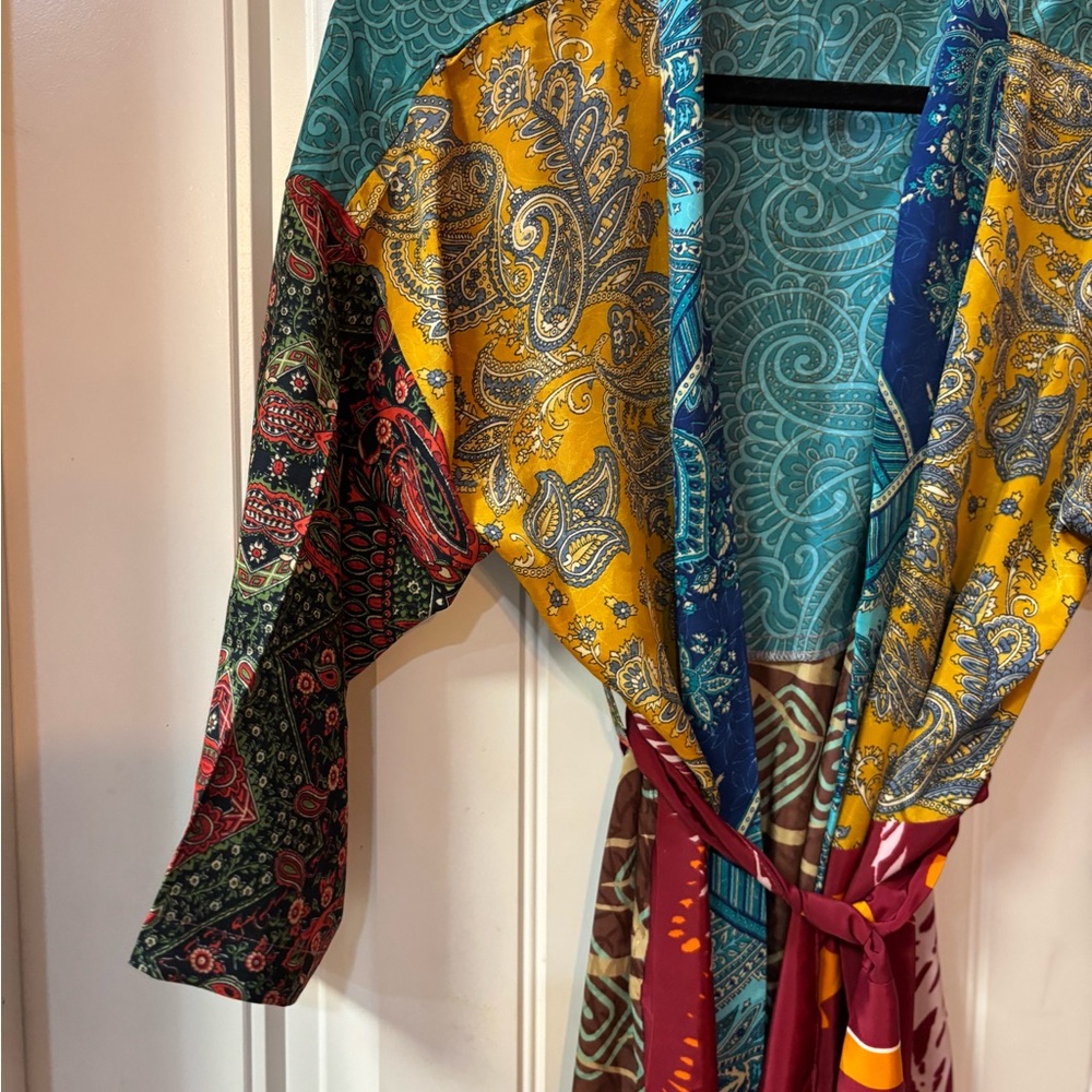 Multi-Pattern Kimono Robe in Teal, Mustard & Burgundy - Picture 5 of 10